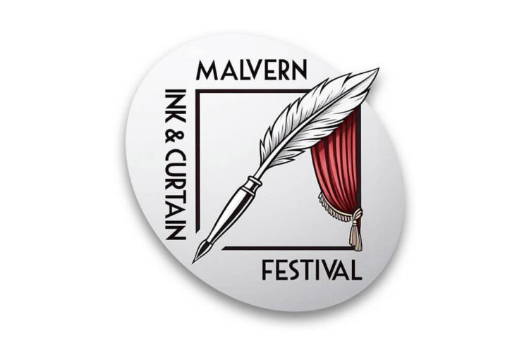 Logo for Ink and Curtain Festival incorporating quill pen and red curtain