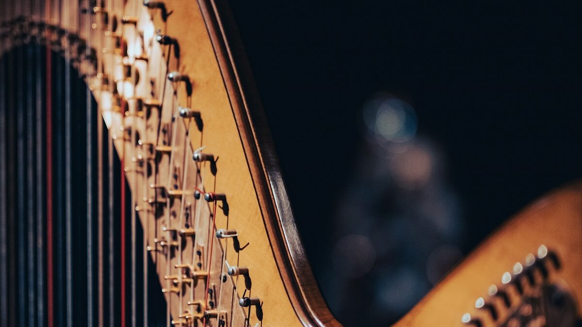 A close-up image of a harp