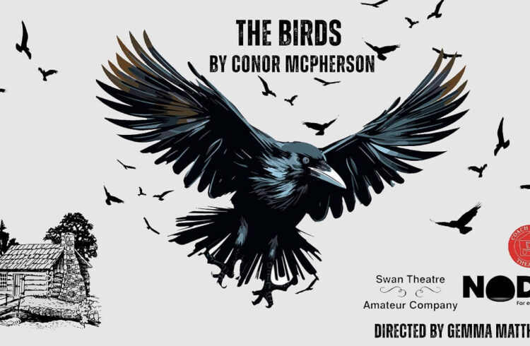 A stylised image of a bird, with lots of smaller birds around