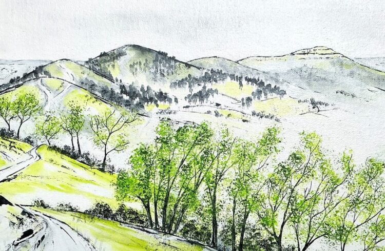 Work by Lesley Brankin depicting view along the Malvern Hills looking south towards British Camp
