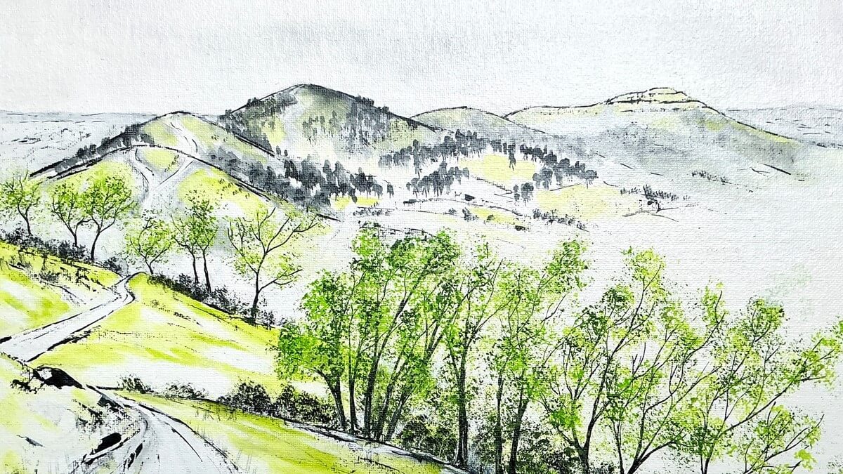 Work by Lesley Brankin depicting view along the Malvern Hills looking south towards British Camp